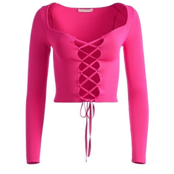 Alice + Olivia NWT Hilaria Lace Front Top in Wild Pink Size Large MSRP $395 - Picture 2 of 6